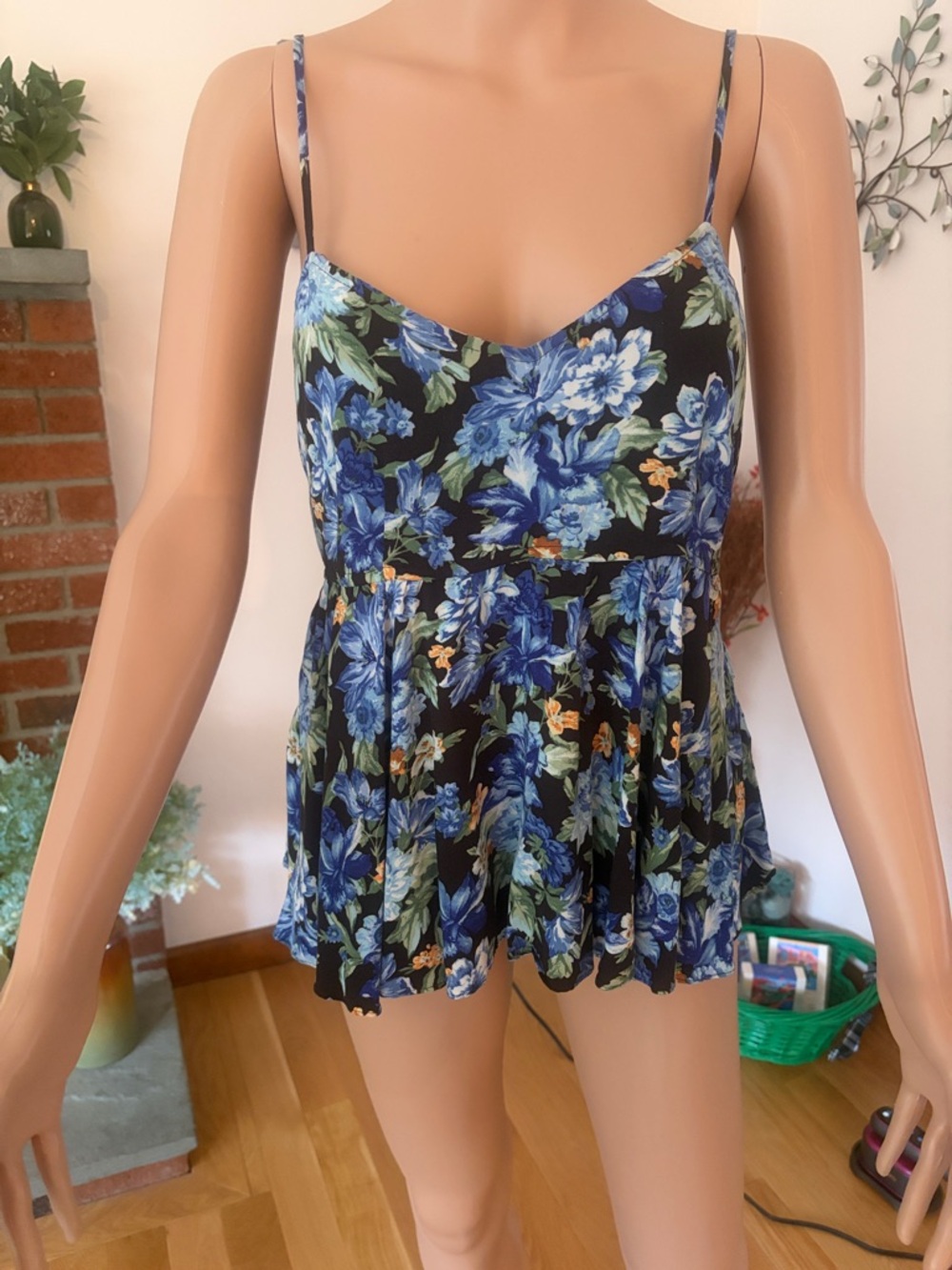 Forever 21 Black Floral Spaghetti Strap Camisole with Blue Flowers